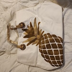 Avon canvas pineapple gold and white tote